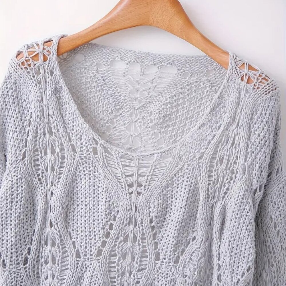 Gray Cotton Semi Sheer Knit Pullover Sweater